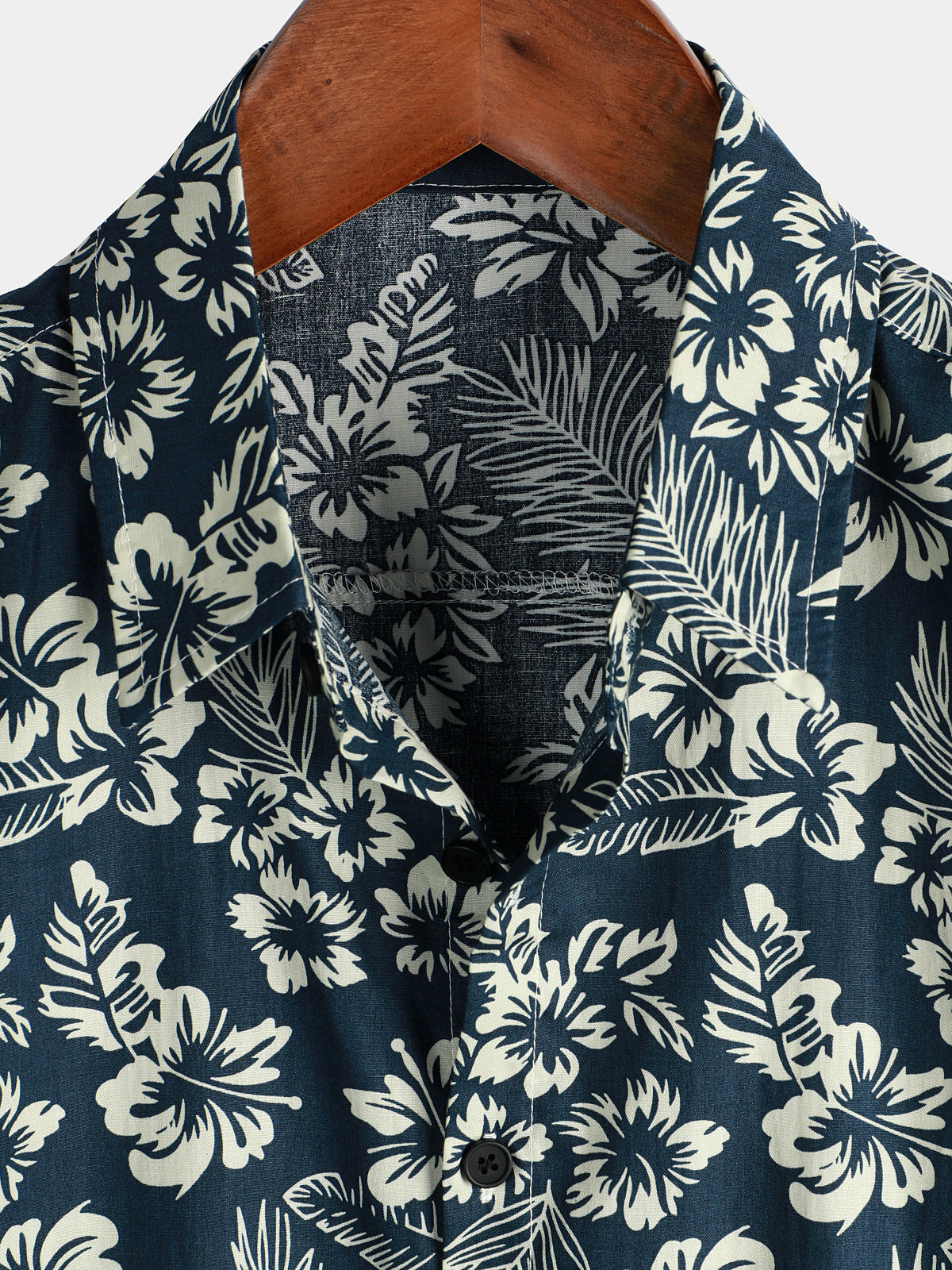 Men's Aloha Resort Short-Sleeve Button-Up Beach Shirt in Cotton with Blue Tropical Plant Leaves