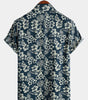 Men's Aloha Resort Short-Sleeve Button-Up Beach Shirt in Cotton with Blue Tropical Plant Leaves