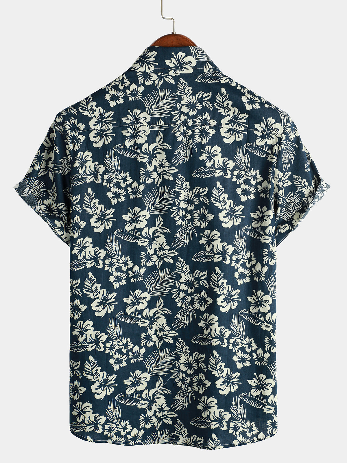 Men's Aloha Resort Short-Sleeve Button-Up Beach Shirt in Cotton with Blue Tropical Plant Leaves