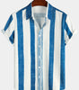 Casual Short Sleeve Vintage Blue Vertical Striped Shirt for Men