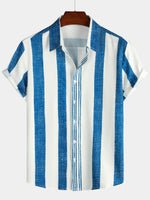 Casual Short Sleeve Vintage Blue Vertical Striped Shirt for Men