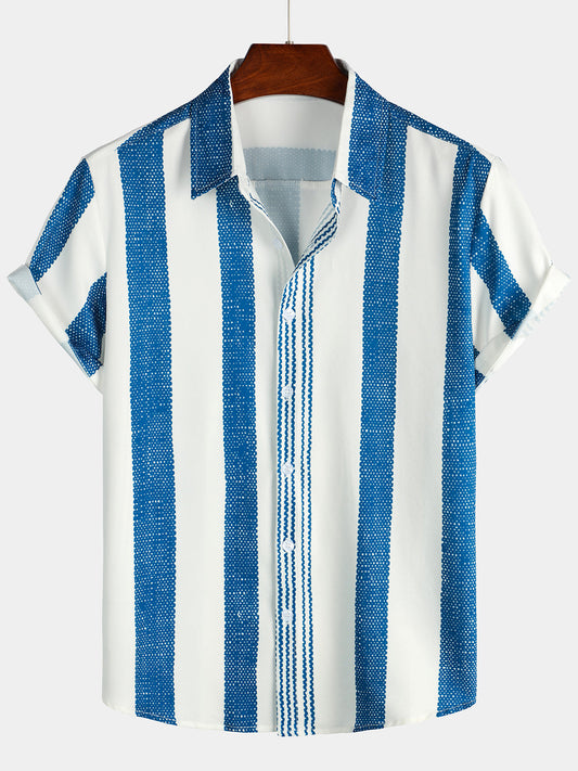 Casual Short Sleeve Vintage Blue Vertical Striped Shirt for Men