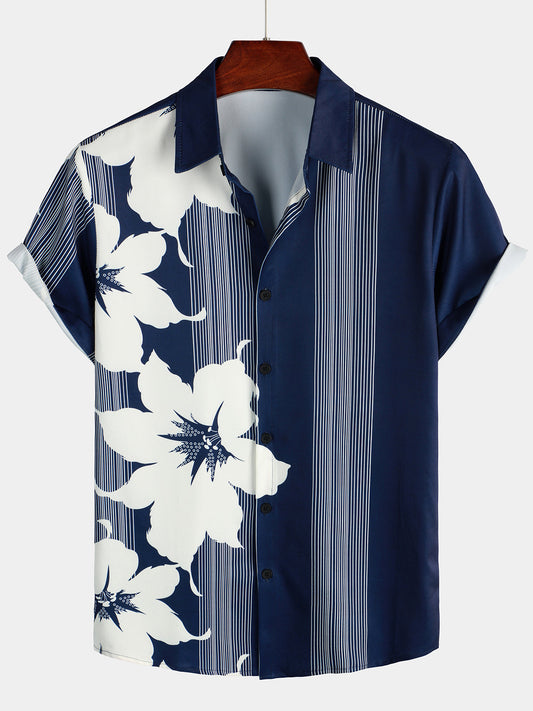 Vintage Aloha Hawaiian Short Sleeve Shirt for Men with Vertical Stripes