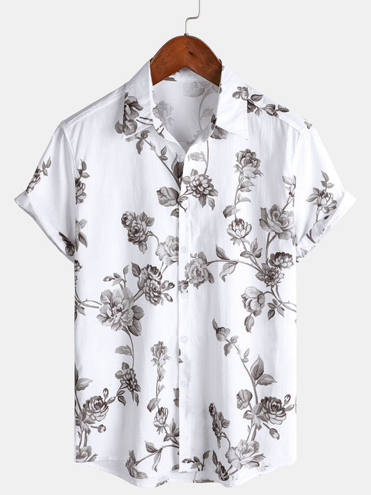 Men's Short Sleeve Casual Cotton Floral Print Shirt