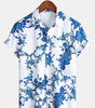 Short-Sleeved Cotton Shirt with Blue Floral Pattern