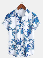 Short-Sleeved Cotton Shirt with Blue Floral Pattern