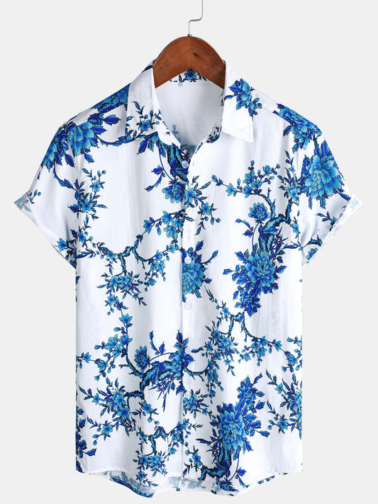Short-Sleeved Cotton Shirt with Blue Floral Pattern