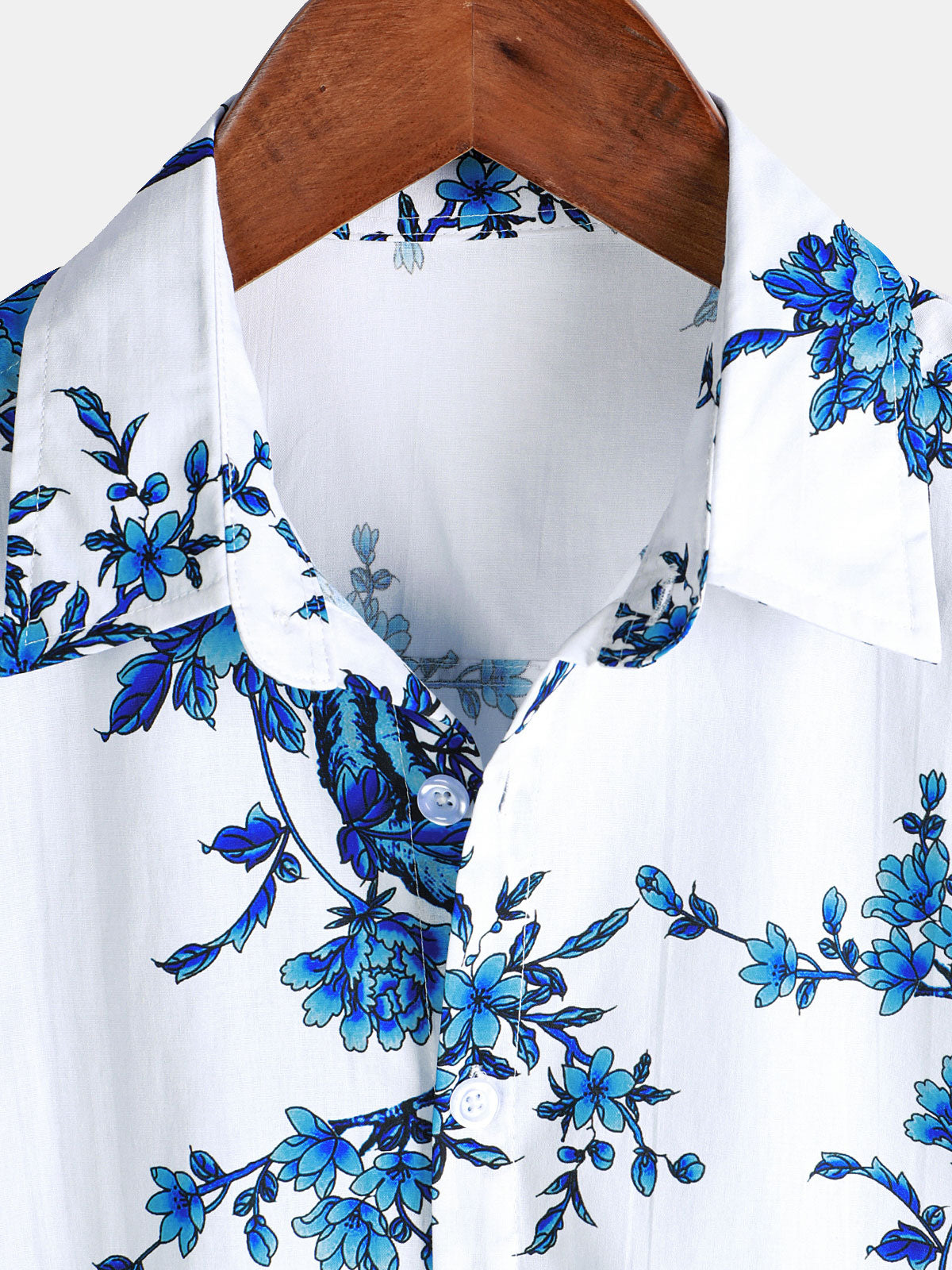 Short-Sleeved Cotton Shirt with Blue Floral Pattern