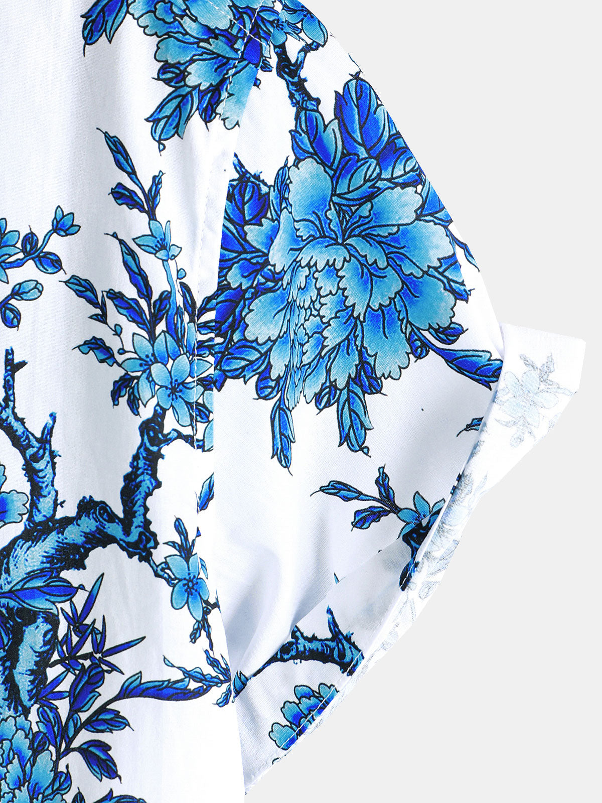 Short-Sleeved Cotton Shirt with Blue Floral Pattern