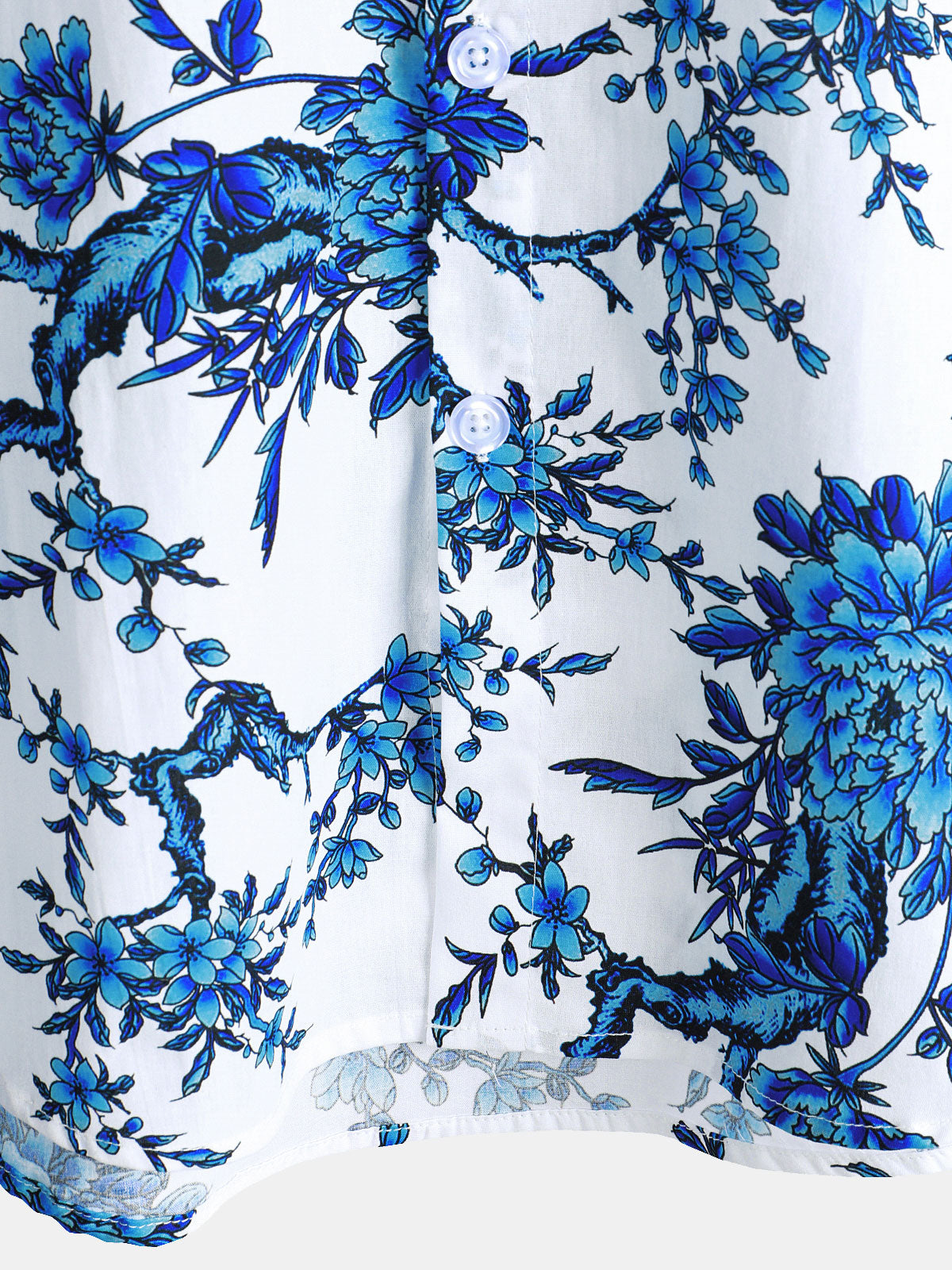 Short-Sleeved Cotton Shirt with Blue Floral Pattern