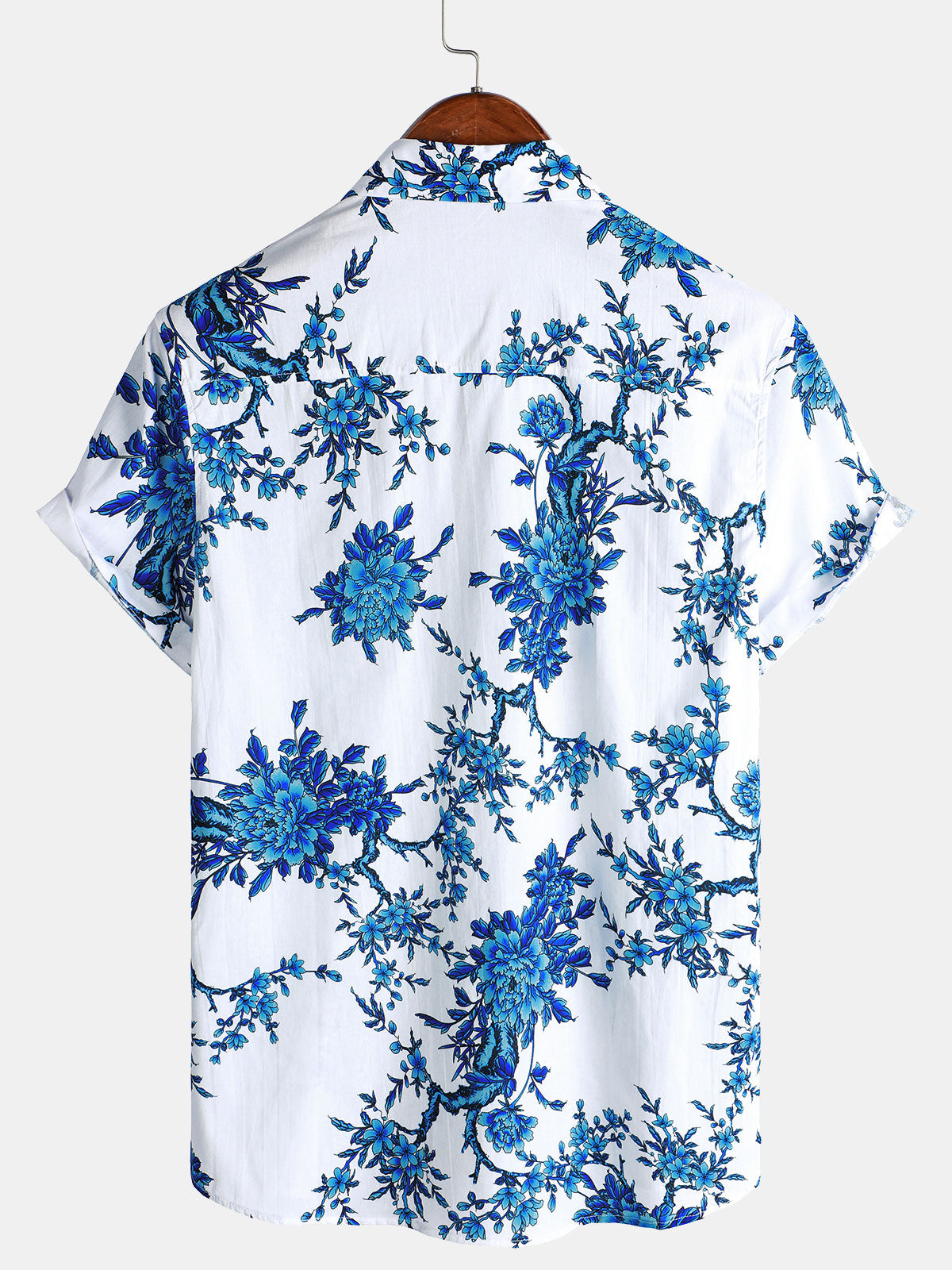 Short-Sleeved Cotton Shirt with Blue Floral Pattern