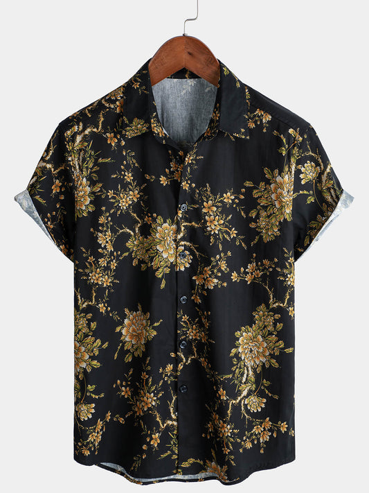 Men's Short Sleeve Cotton Floral Print Shirt