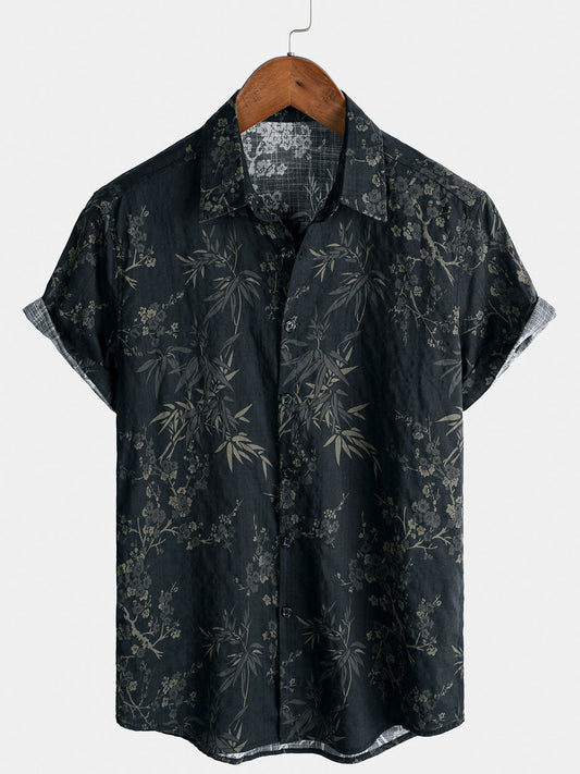 Casual Elegant Short-Sleeved Shirt with Retro Floral Print