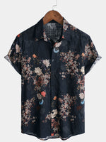 Men's Short-Sleeved Button-Up Shirt, Retro Floral Print, Perfect for Holidays