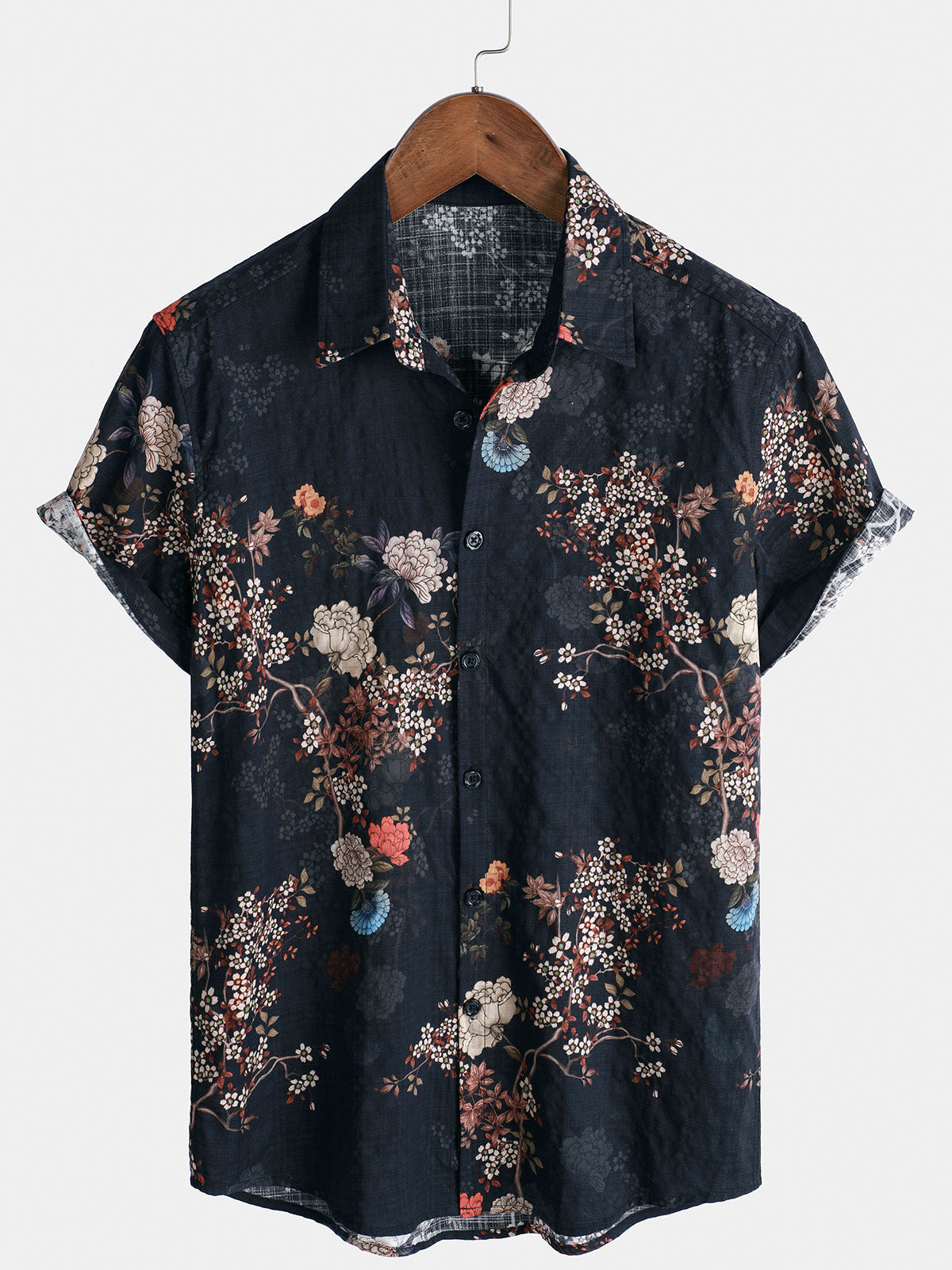 Men's Short-Sleeved Button-Up Shirt, Retro Floral Print, Perfect for Holidays