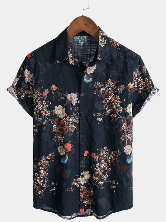 Men's Short-Sleeved Button-Up Shirt, Retro Floral Print, Perfect for Holidays