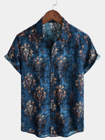 Men's Short-Sleeved Button-Up Shirt, Retro Style, Blue, Summer