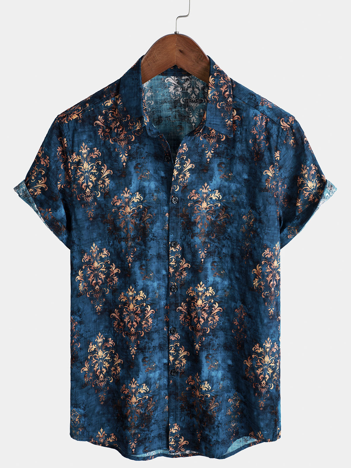 Men's Short-Sleeved Button-Up Shirt, Retro Style, Blue, Summer