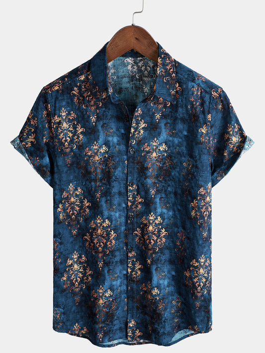 Men's Short-Sleeved Button-Up Shirt, Retro Style, Blue, Summer