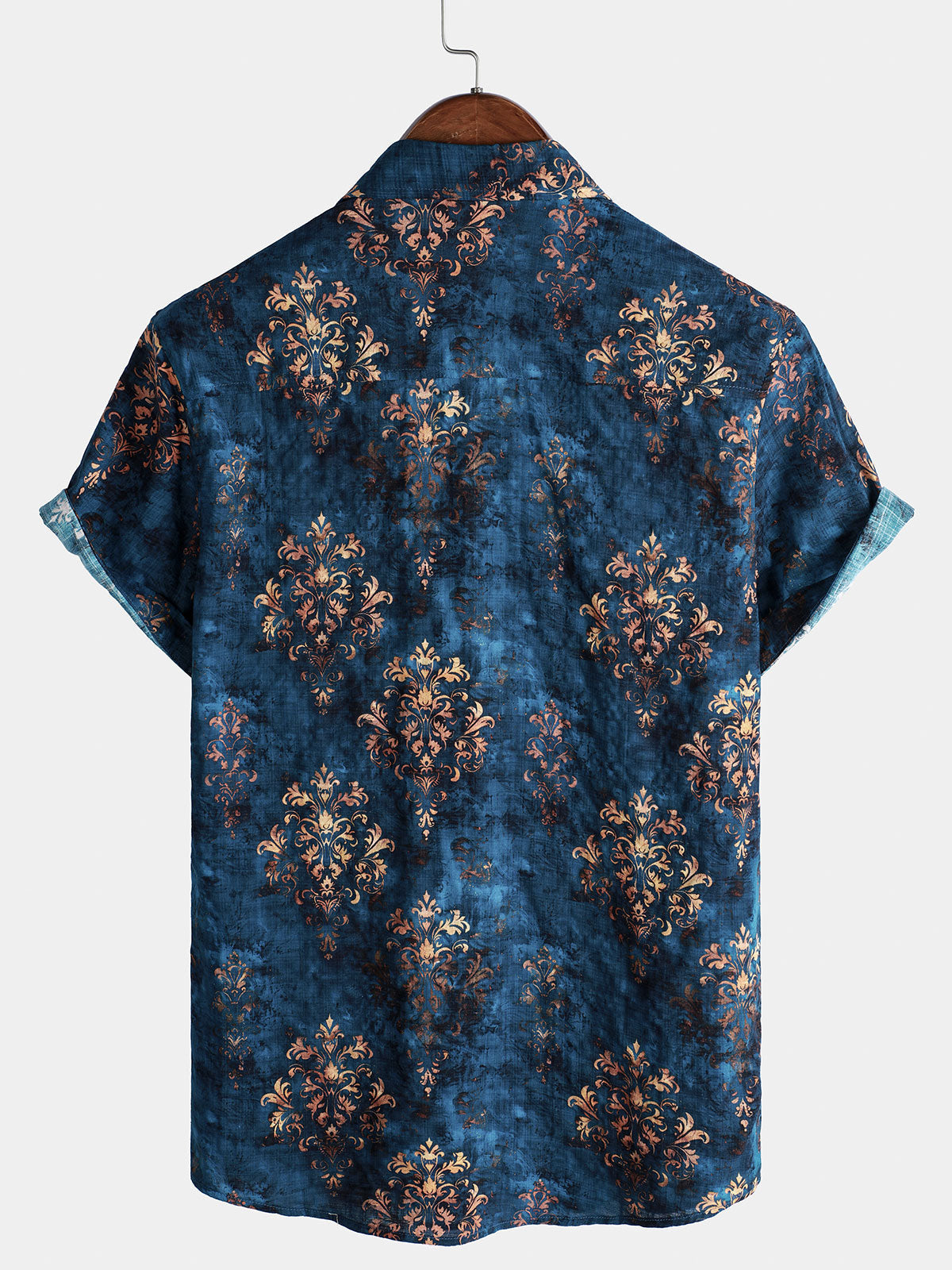 Men's Short-Sleeved Button-Up Shirt, Retro Style, Blue, Summer