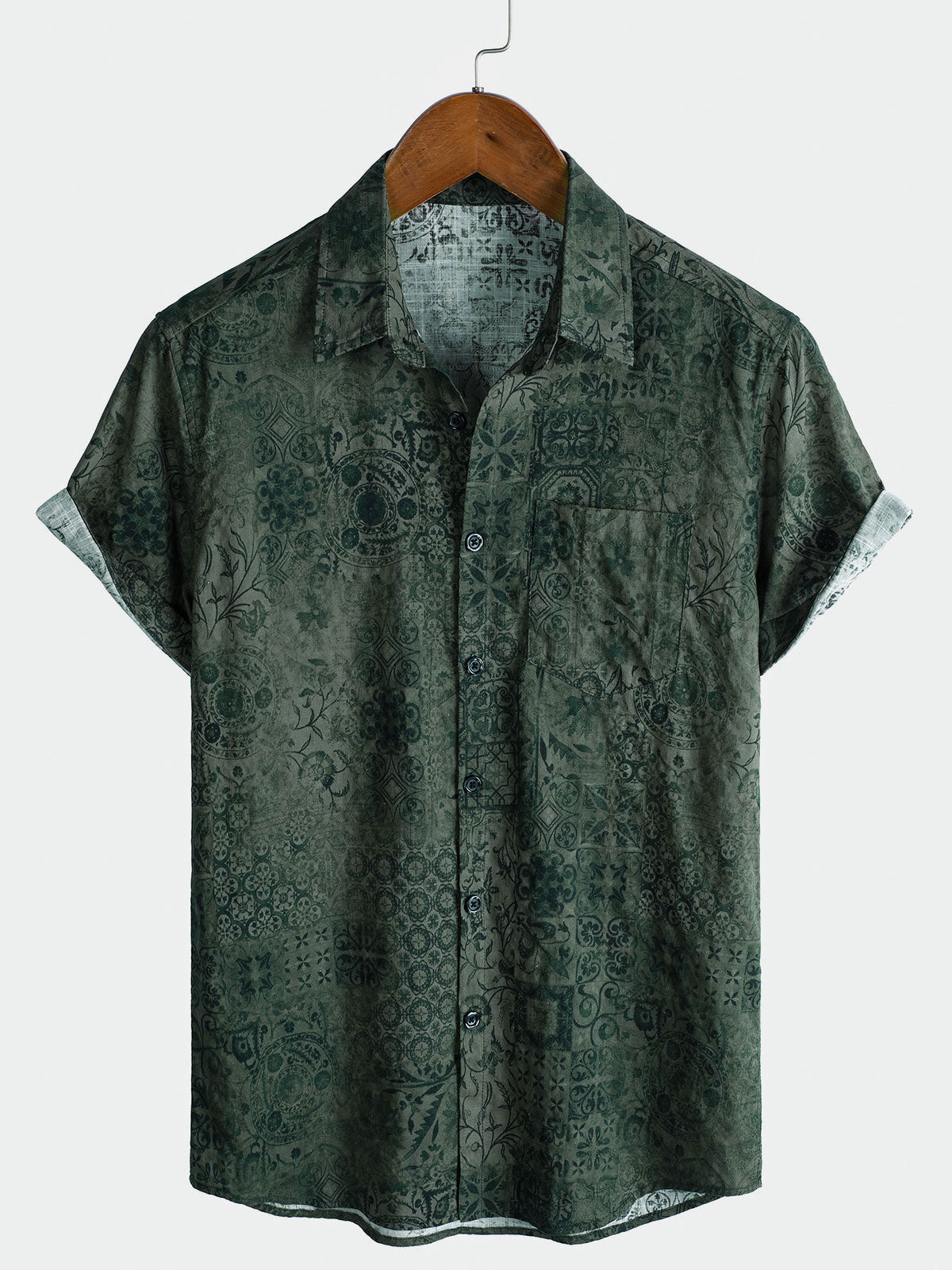 Men's Short-Sleeved Shirt with Retro Green Print Pocket