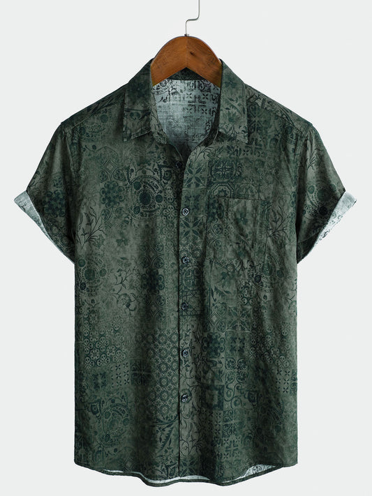 Men's Short-Sleeved Shirt with Retro Green Print Pocket