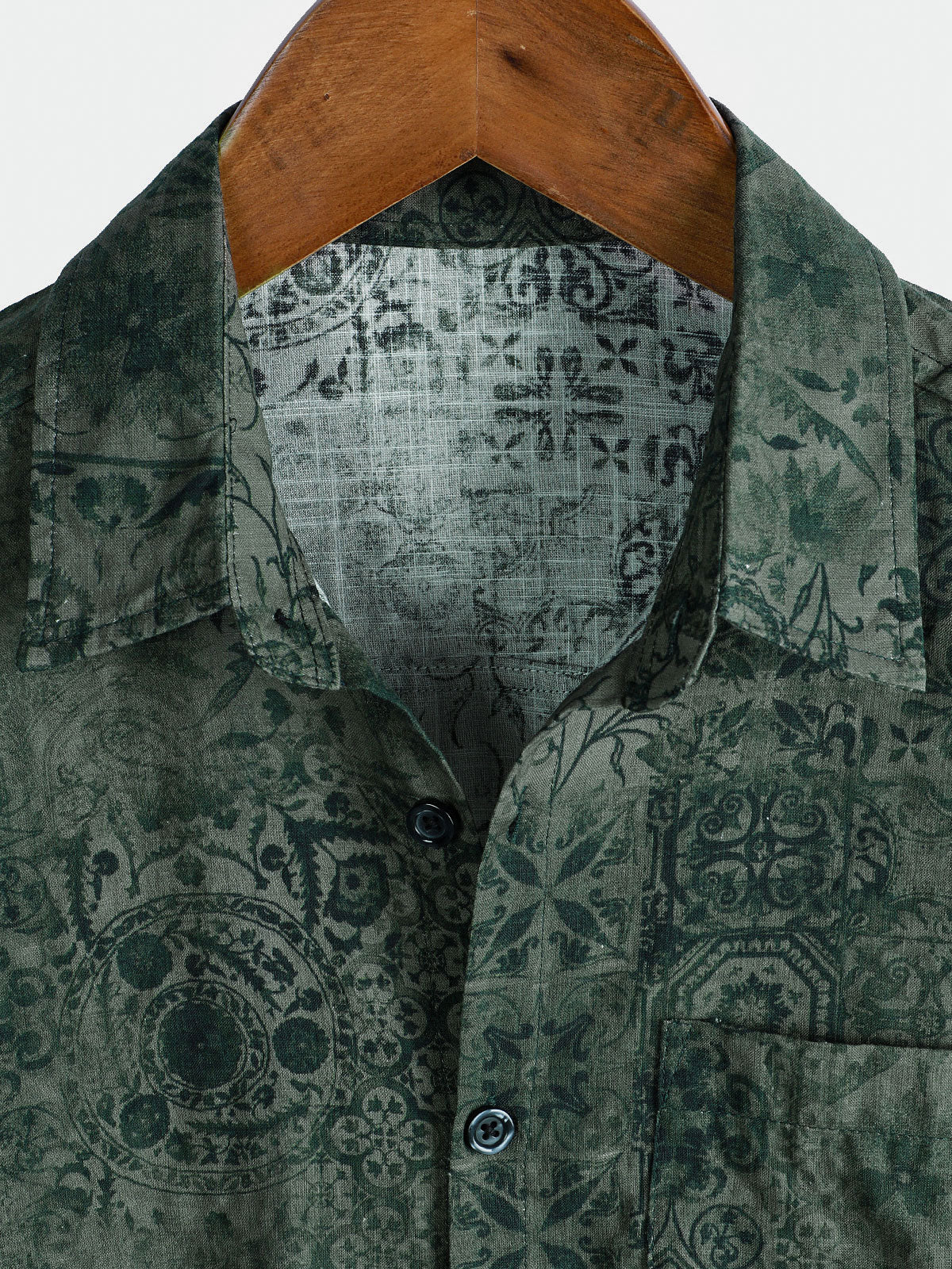 Men's Short-Sleeved Shirt with Retro Green Print Pocket
