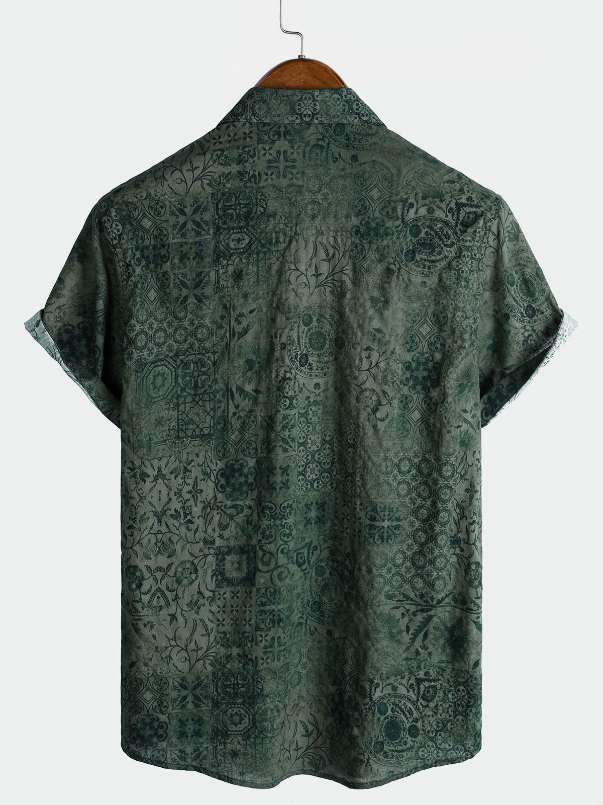 Men's Short-Sleeved Shirt with Retro Green Print Pocket