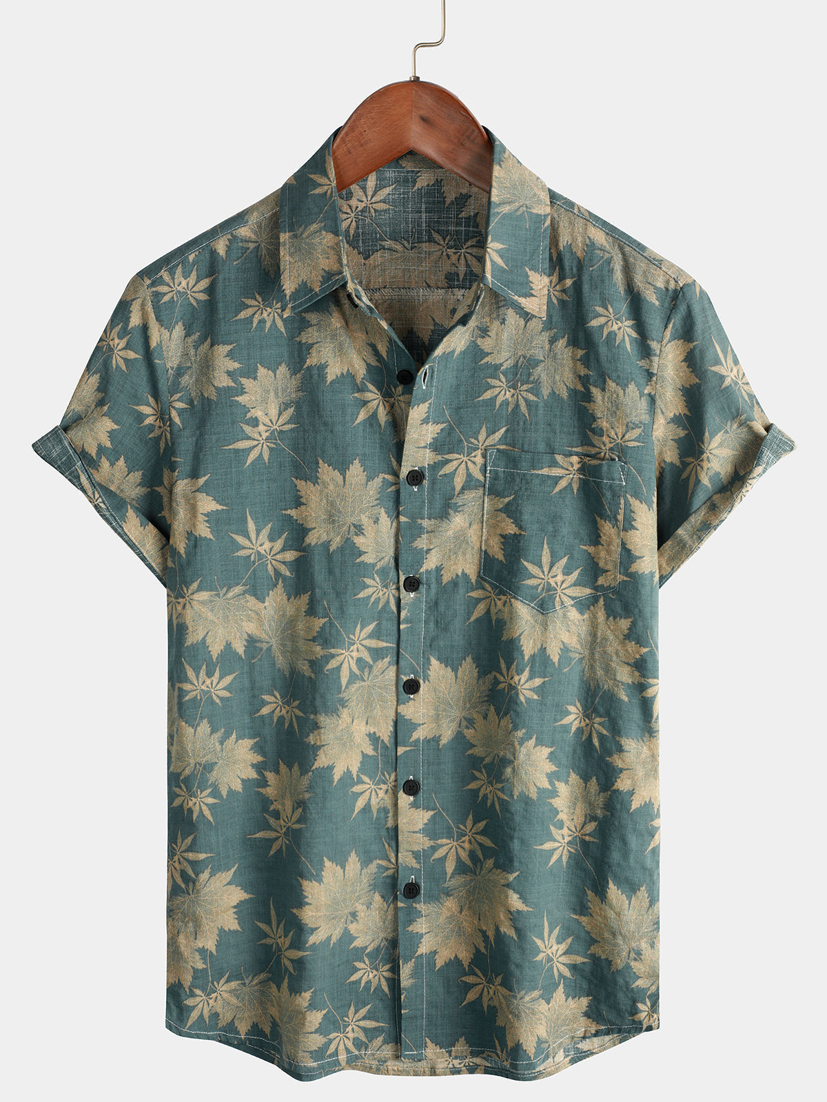 Men's Short Sleeve Summer Shirt with Pocket in Cotton and Maple Leaf