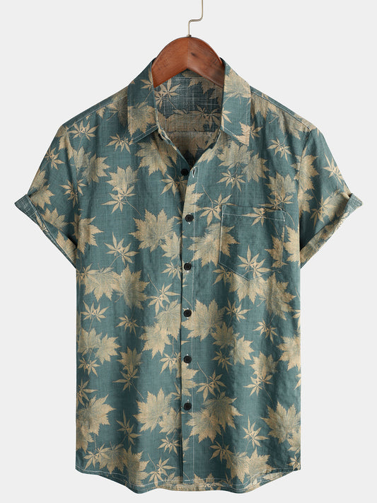 Men's Short Sleeve Summer Shirt with Pocket in Cotton and Maple Leaf