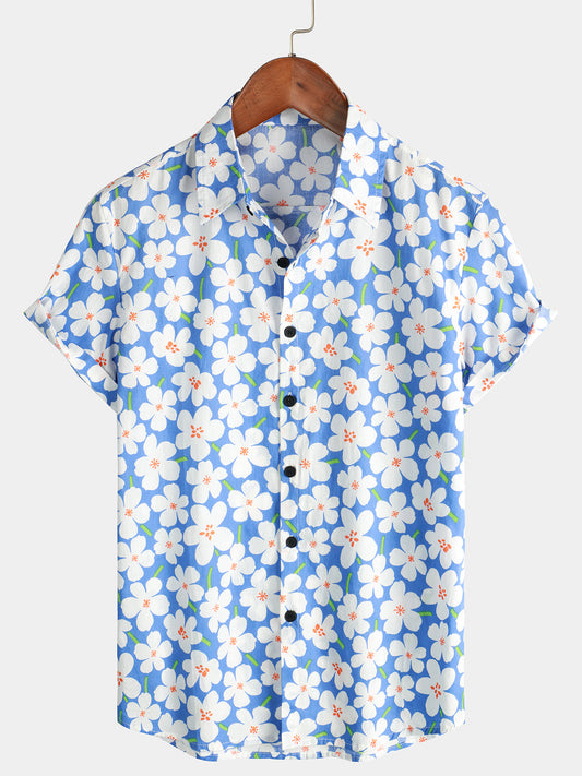 Light Blue Short-Sleeved Floral Print Shirt for Men