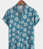 Men's Short-Sleeved Cotton Summer Button-Up Hawaiian Shirt with Blue Flowers