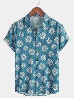 Men's Short-Sleeved Cotton Summer Button-Up Hawaiian Shirt with Blue Flowers