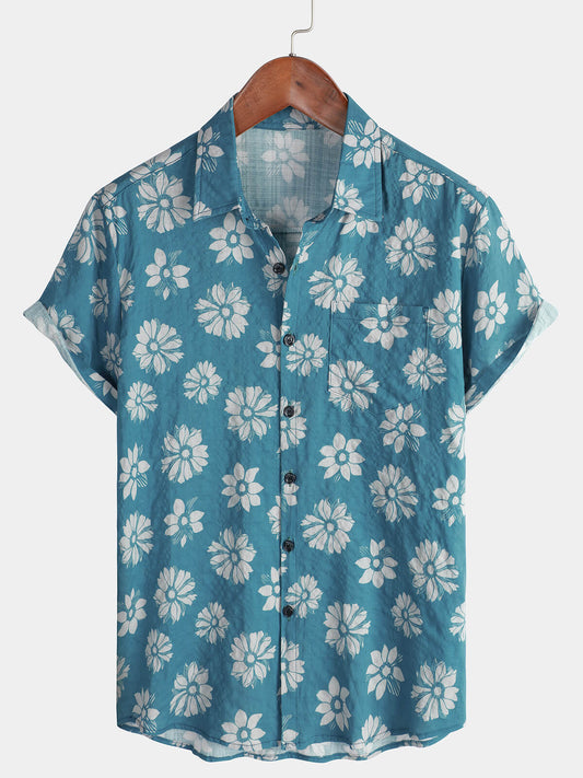 Men's Short-Sleeved Cotton Summer Button-Up Hawaiian Shirt with Blue Flowers