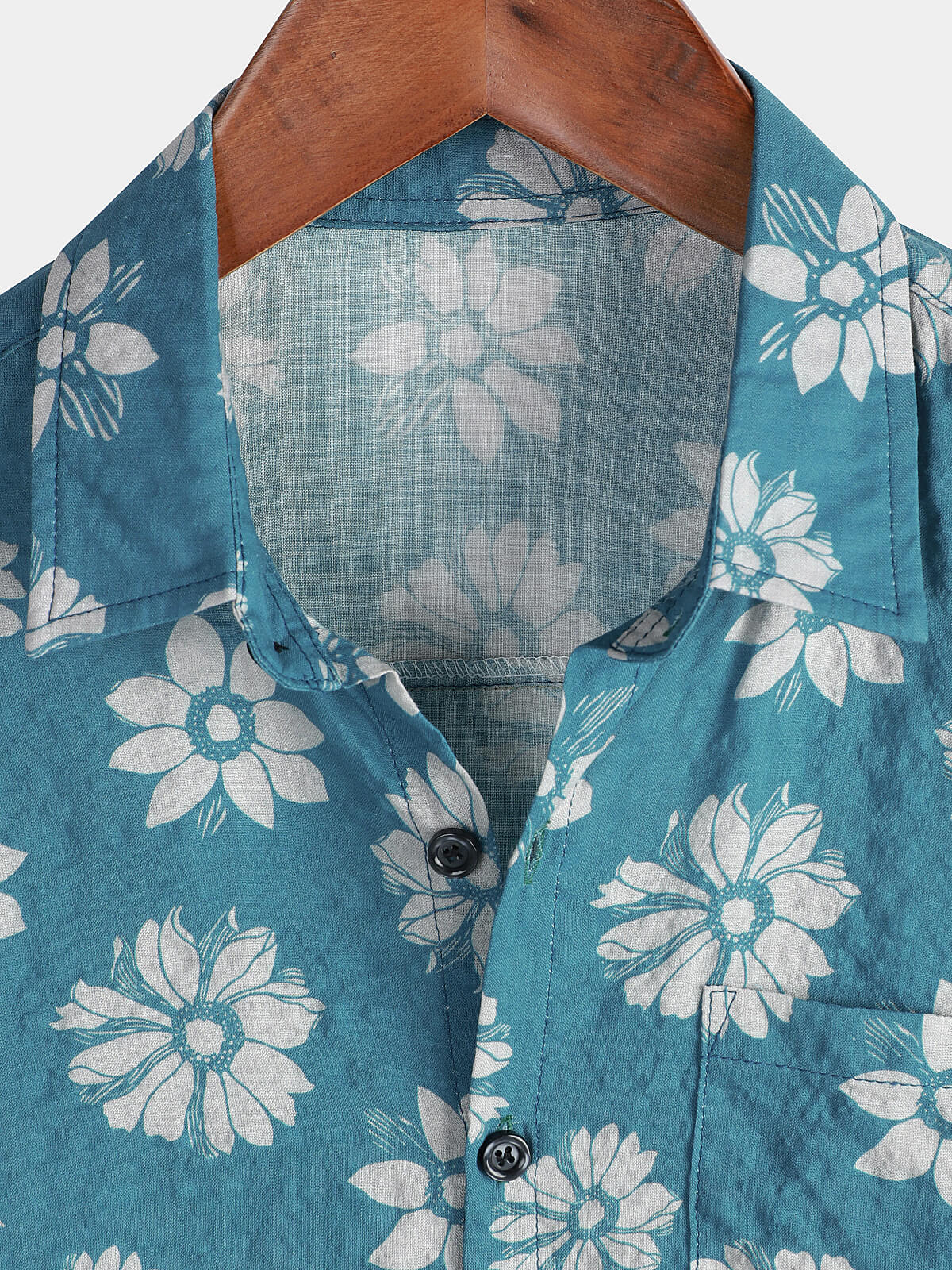 Men's Short-Sleeved Cotton Summer Button-Up Hawaiian Shirt with Blue Flowers