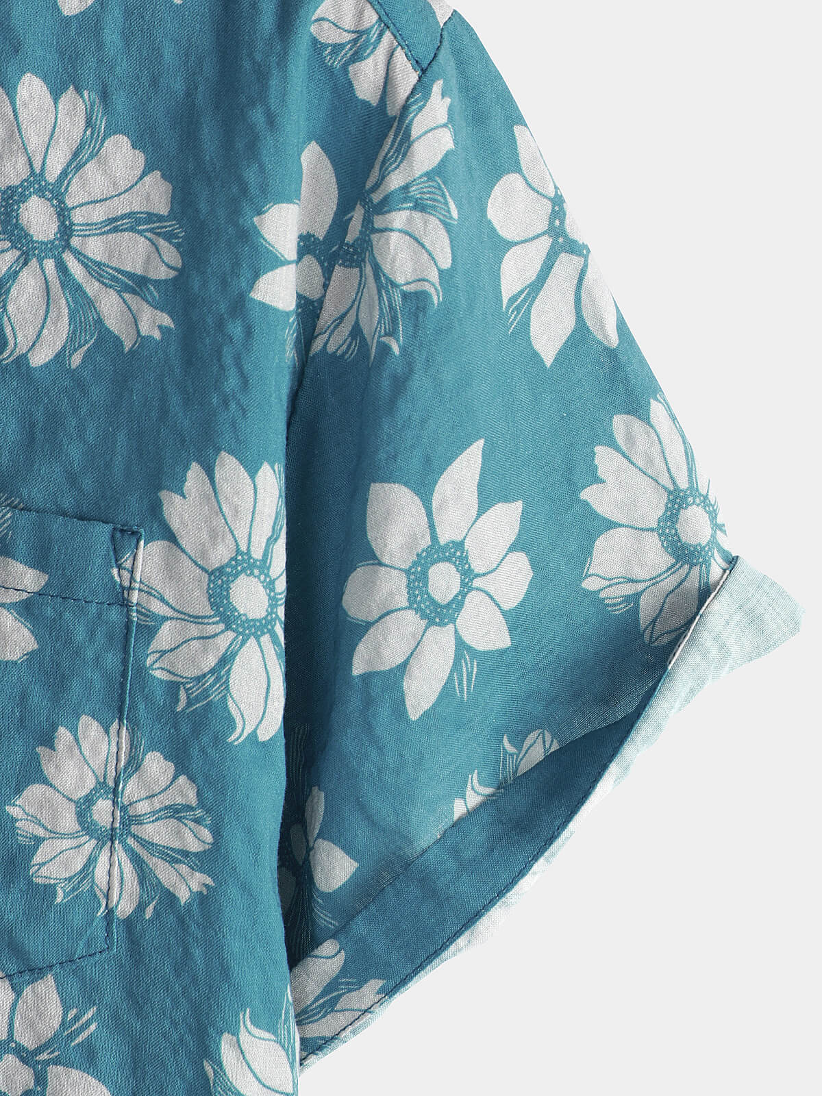 Men's Short-Sleeved Cotton Summer Button-Up Hawaiian Shirt with Blue Flowers