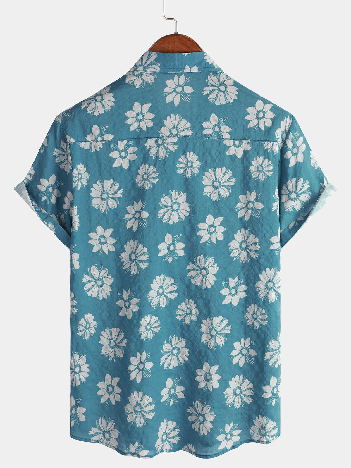 Men's Short-Sleeved Cotton Summer Button-Up Hawaiian Shirt with Blue Flowers