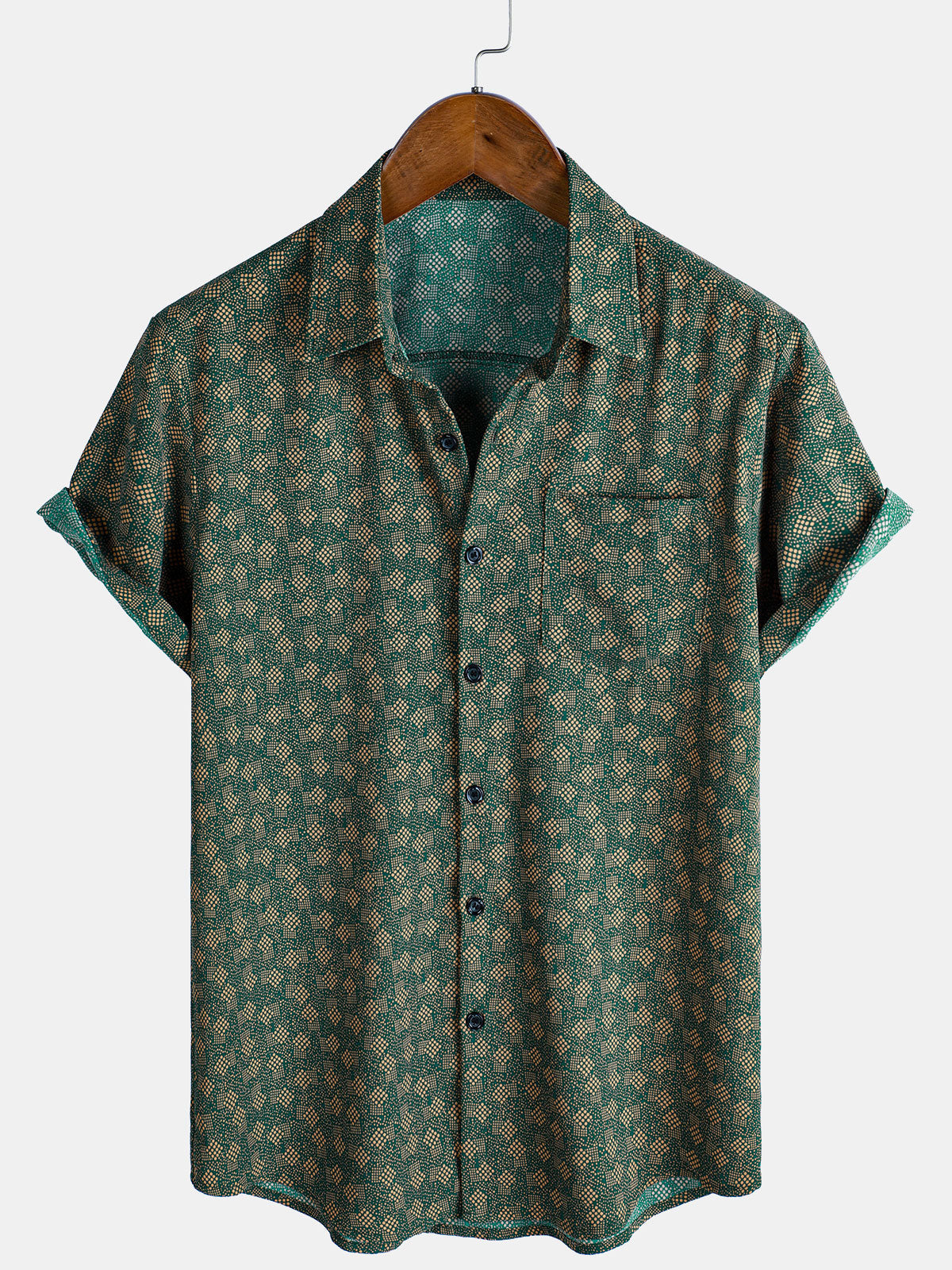 Short-sleeved shirt with green retro geometric print pocket for men