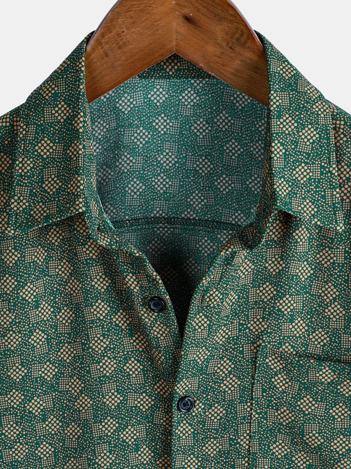 Short-sleeved shirt with green retro geometric print pocket for men