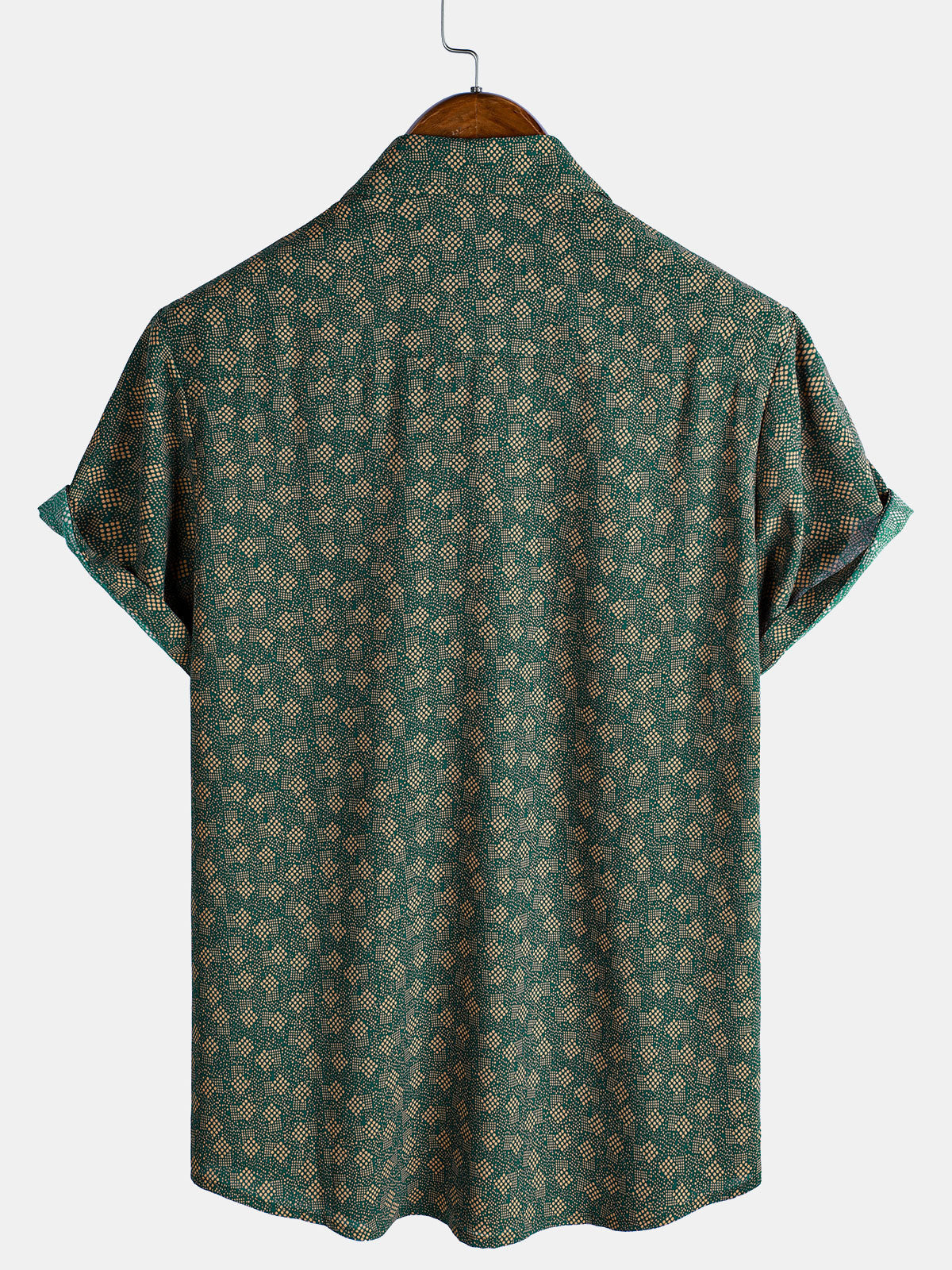 Short-sleeved shirt with green retro geometric print pocket for men