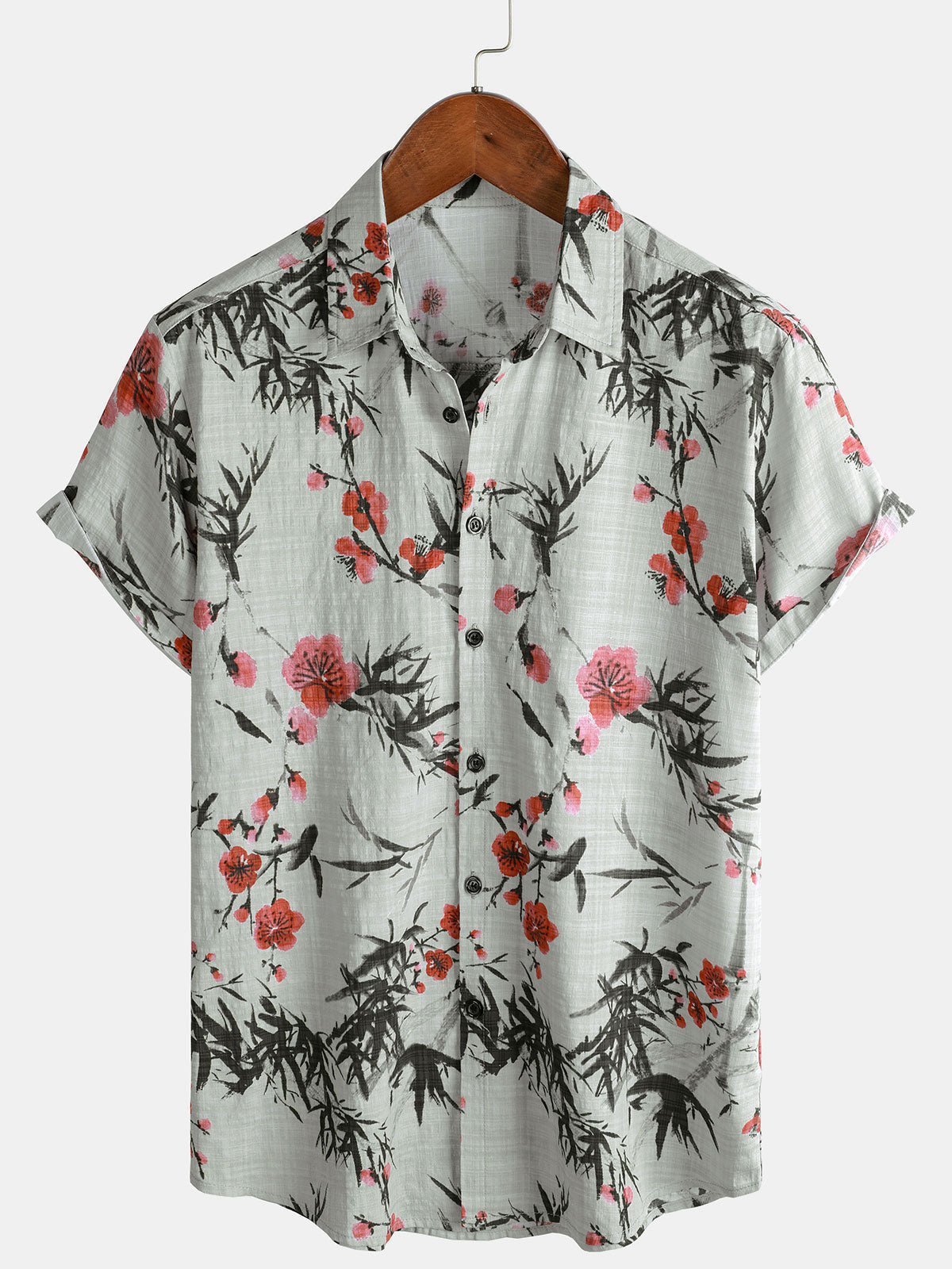 Vintage Summer Short-Sleeve Shirt with Red Floral Pattern