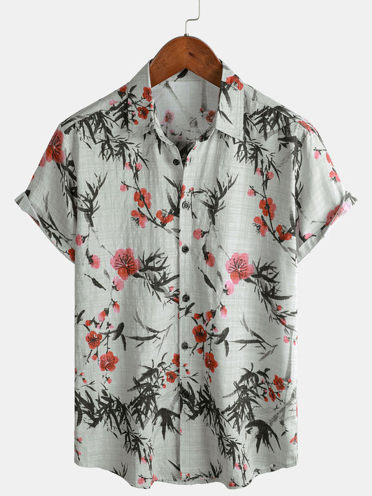 Vintage Summer Short-Sleeve Shirt with Red Floral Pattern
