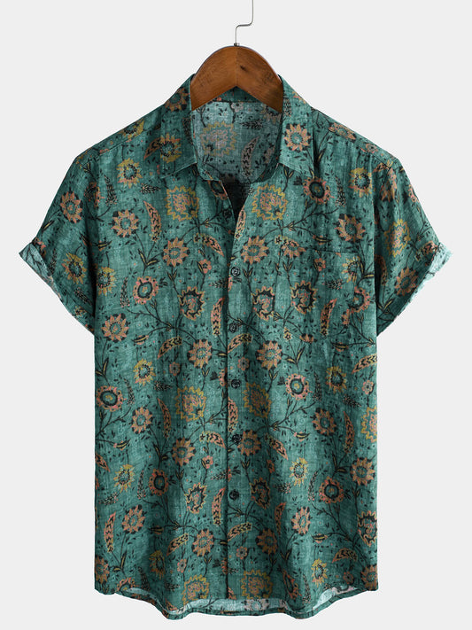 Men's Retro Floral Print Short Sleeve Breathable Cotton Shirt
