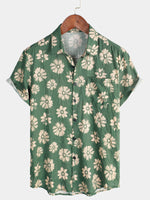 Men's Short Sleeve Hawaiian Summer Shirt with Buttons, Green Floral Pattern, Holidays