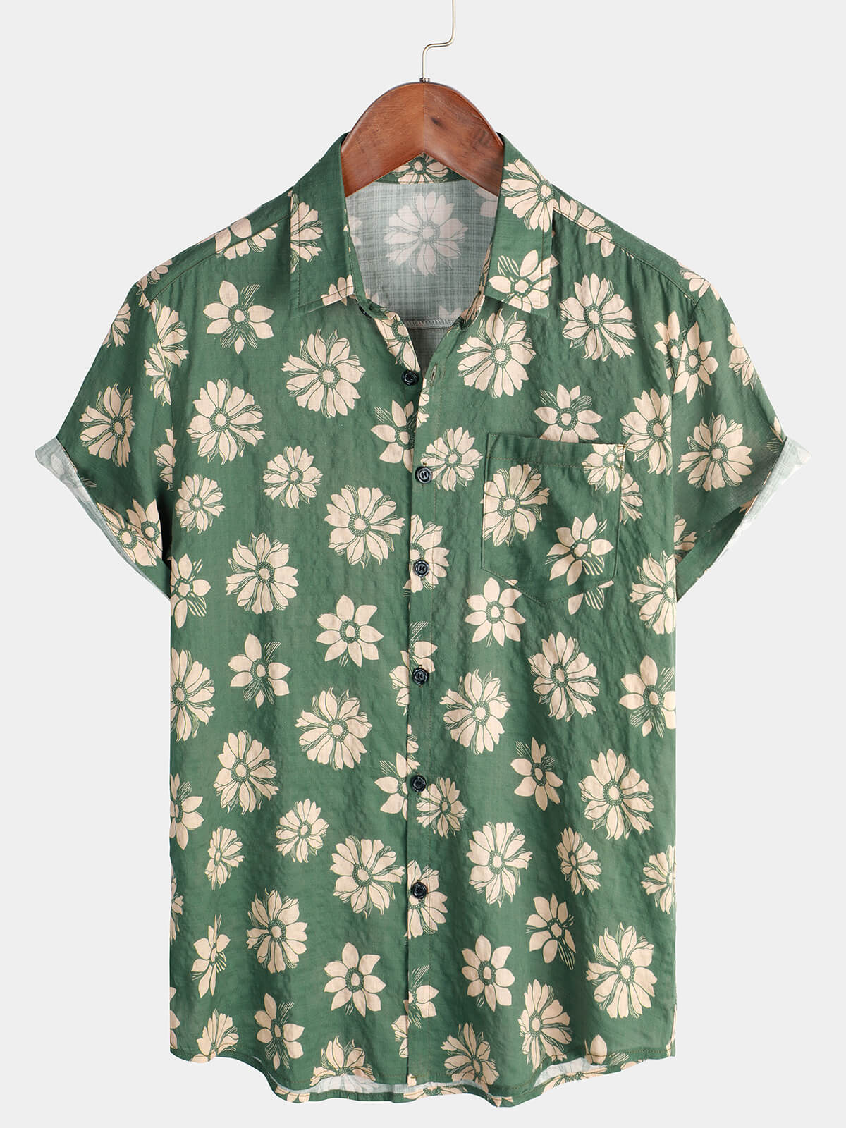 Men's Short Sleeve Hawaiian Summer Shirt with Buttons, Green Floral Pattern, Holidays