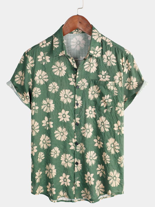 Men's Short Sleeve Hawaiian Summer Shirt with Buttons, Green Floral Pattern, Holidays