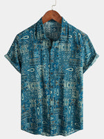 Retro Blue Short-Sleeved Button-Up Shirt for Men