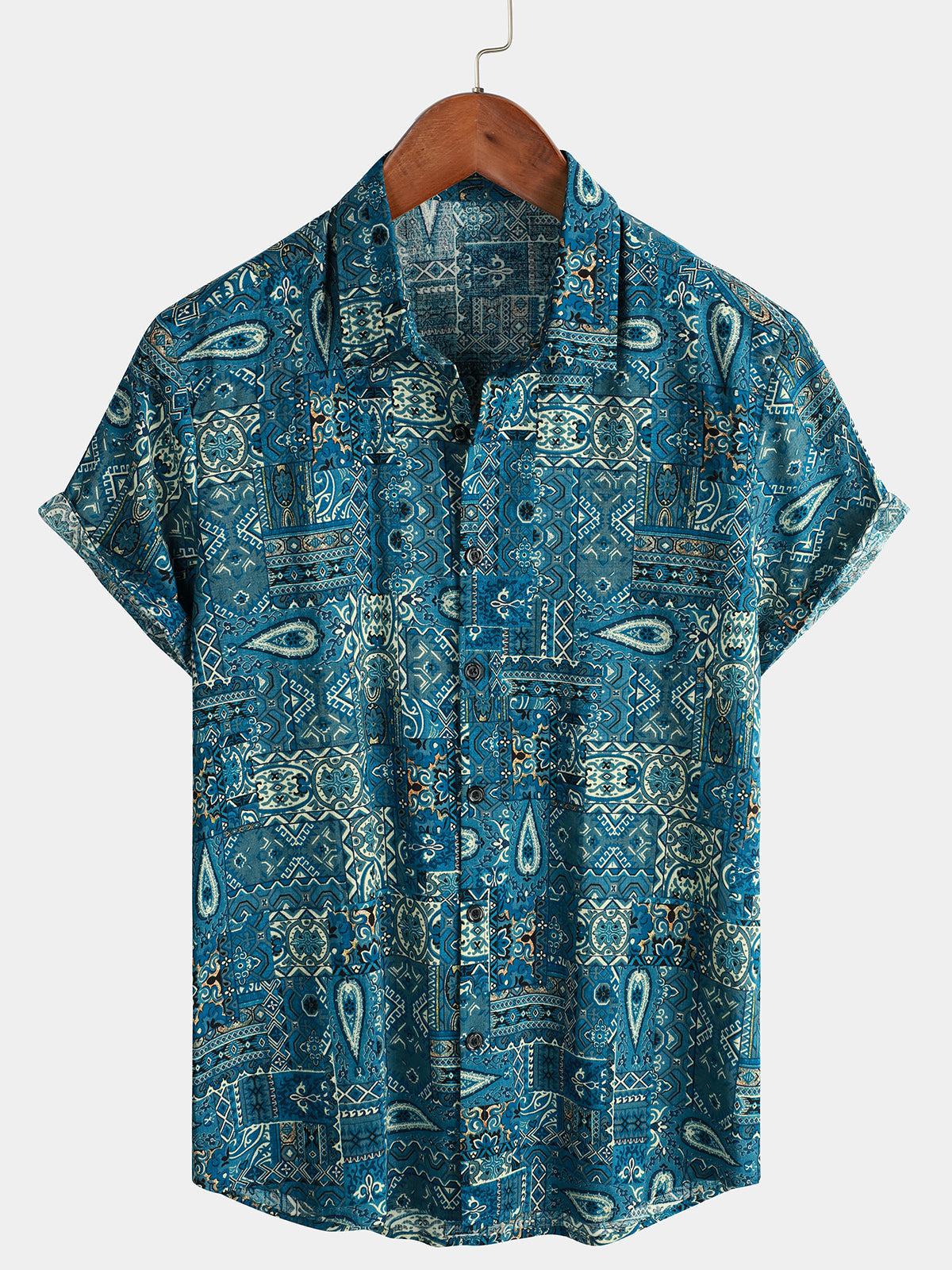Retro Blue Short-Sleeved Button-Up Shirt for Men
