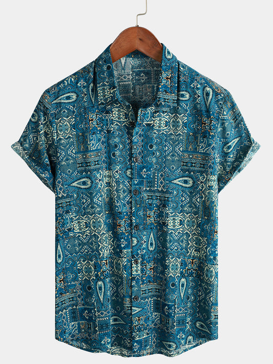 Retro Blue Short-Sleeved Button-Up Shirt for Men