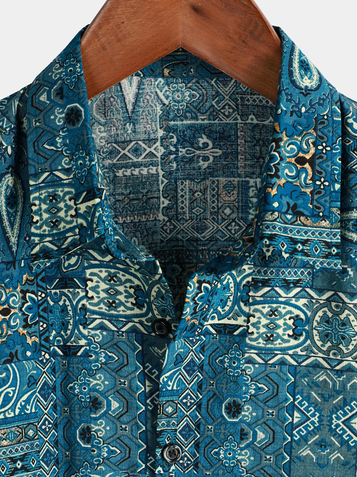 Retro Blue Short-Sleeved Button-Up Shirt for Men